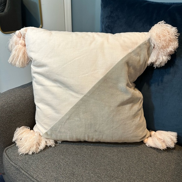 Target Pillowfort Pink Linen & Grey Velvet Square Throw Pillow with Pom Pom - Picture 2 of 7